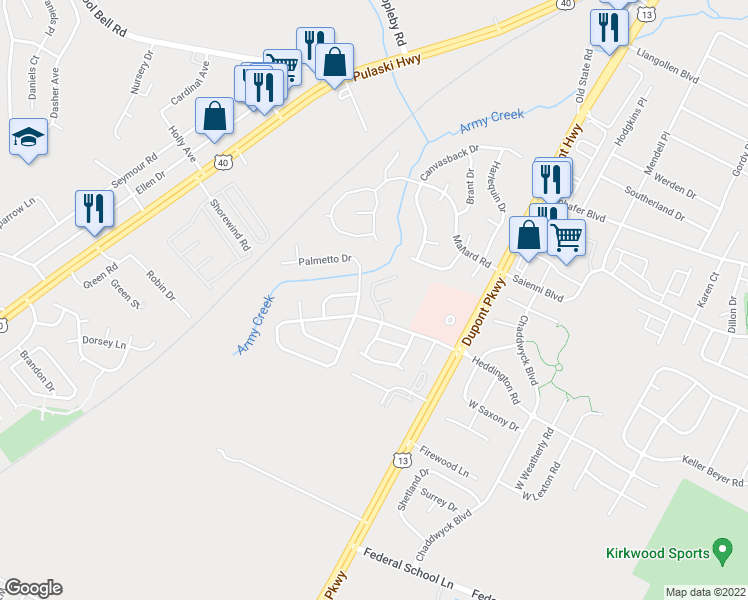 map of restaurants, bars, coffee shops, grocery stores, and more near 11 Aidone Drive in New Castle