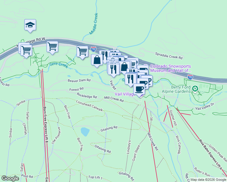map of restaurants, bars, coffee shops, grocery stores, and more near in Vail