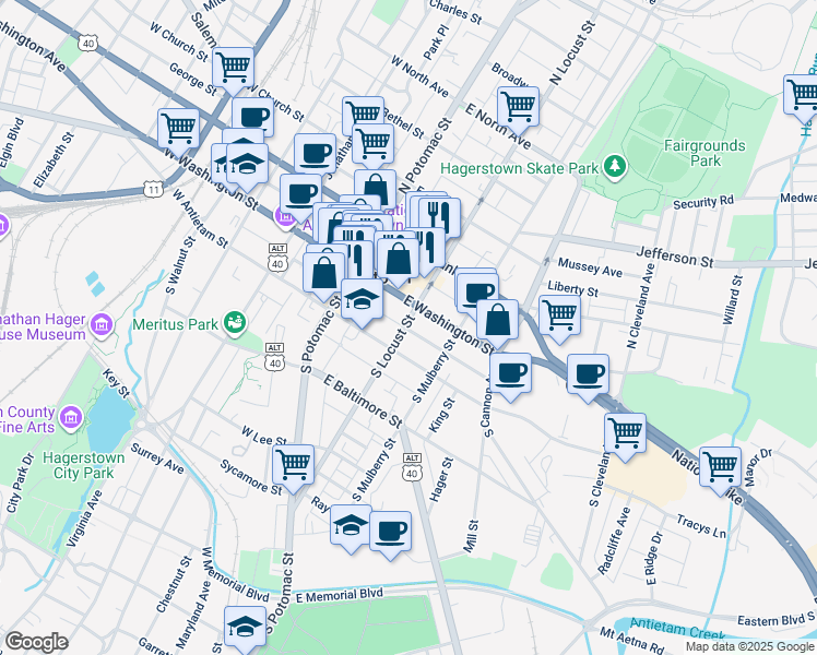 map of restaurants, bars, coffee shops, grocery stores, and more near 24 South Locust Street in Hagerstown