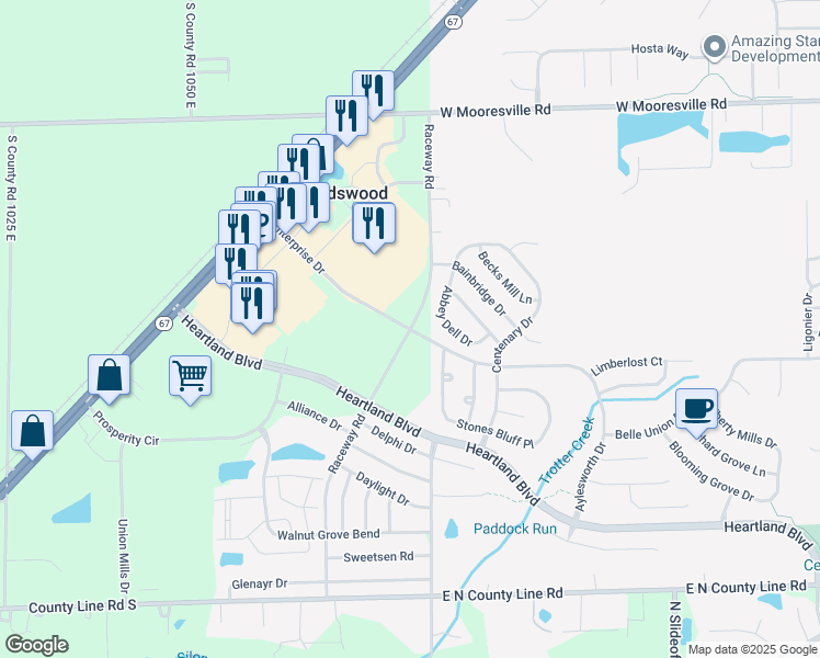 map of restaurants, bars, coffee shops, grocery stores, and more near 6605 Raceway Road in Hendricks County