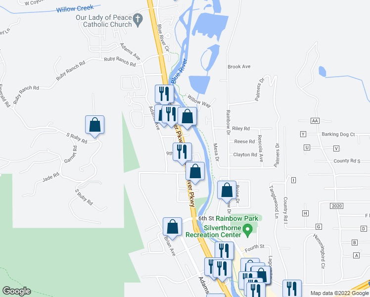 map of restaurants, bars, coffee shops, grocery stores, and more near 943 Blue River Parkway in Silverthorne