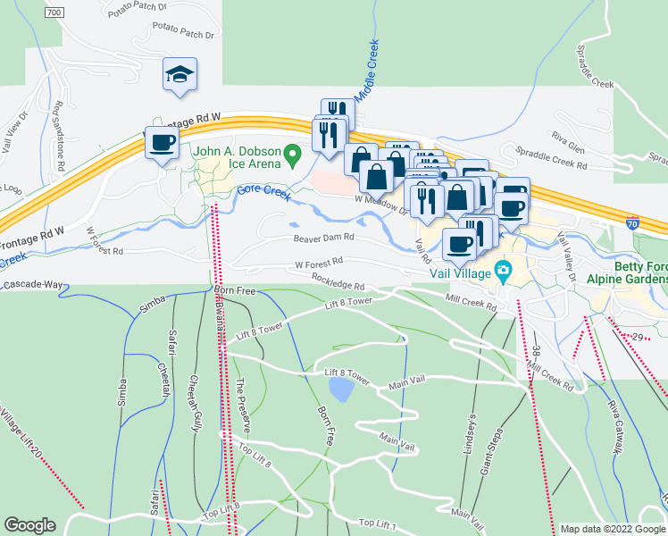 map of restaurants, bars, coffee shops, grocery stores, and more near 266 Forest Rd in Vail
