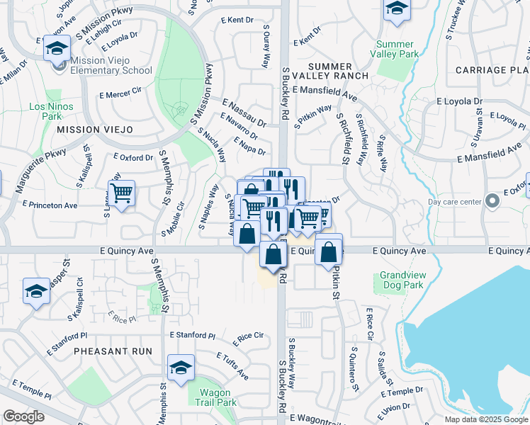 map of restaurants, bars, coffee shops, grocery stores, and more near 4174 South Ouray Way in Aurora