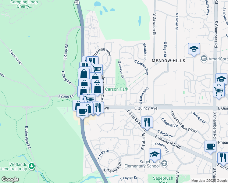 map of restaurants, bars, coffee shops, grocery stores, and more near 14064 East Princeton Place in Aurora
