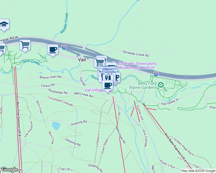 map of restaurants, bars, coffee shops, grocery stores, and more near 225 Wall Street in Vail