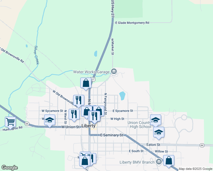 map of restaurants, bars, coffee shops, grocery stores, and more near 411 North Fairground Street in Liberty