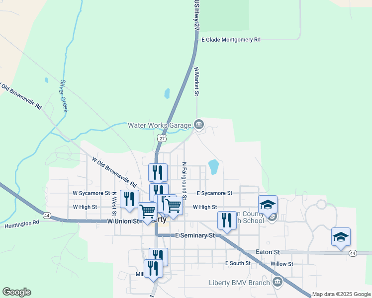 map of restaurants, bars, coffee shops, grocery stores, and more near 411 North Fairground Street in Liberty
