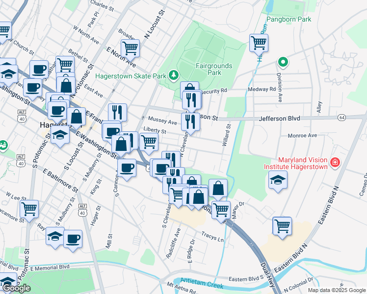 map of restaurants, bars, coffee shops, grocery stores, and more near 99 North Cleveland Avenue in Hagerstown