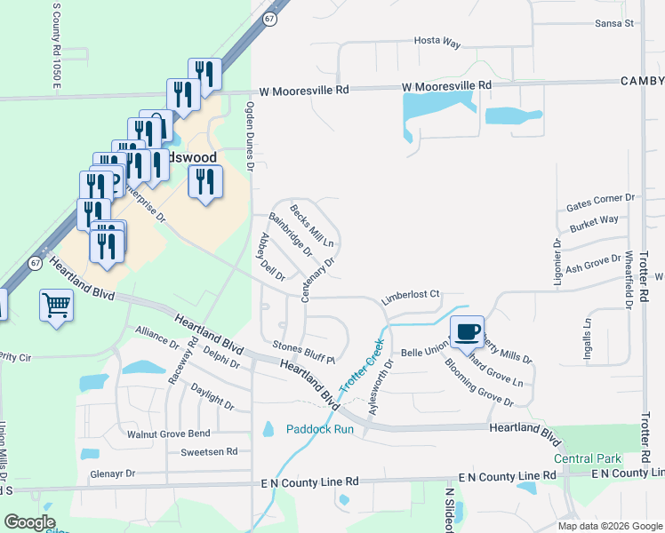 map of restaurants, bars, coffee shops, grocery stores, and more near 8429 Centenary Drive in Indianapolis