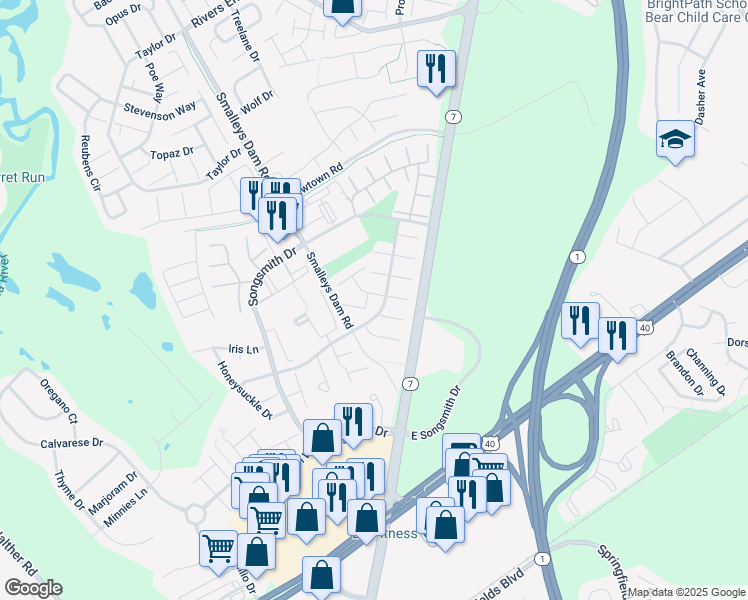 map of restaurants, bars, coffee shops, grocery stores, and more near 302 Concord Bridge Place in Newark