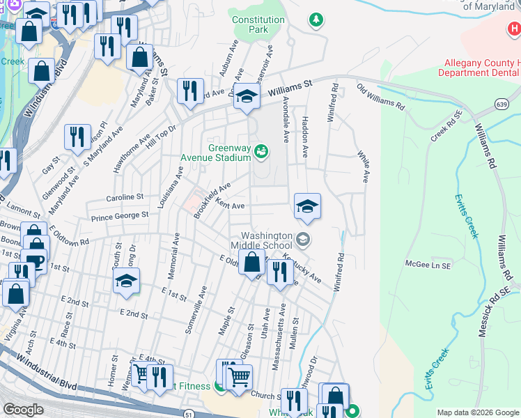 map of restaurants, bars, coffee shops, grocery stores, and more near 1007 Kent Avenue in Cumberland