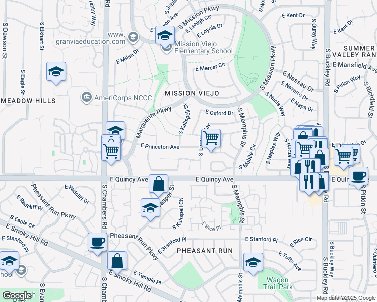 map of restaurants, bars, coffee shops, grocery stores, and more near 15962 East Princeton Avenue in Aurora