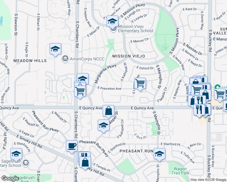 map of restaurants, bars, coffee shops, grocery stores, and more near 15798 East Princeton Avenue in Aurora