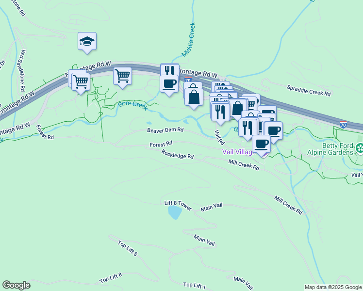map of restaurants, bars, coffee shops, grocery stores, and more near 186 West Forest Road in Vail