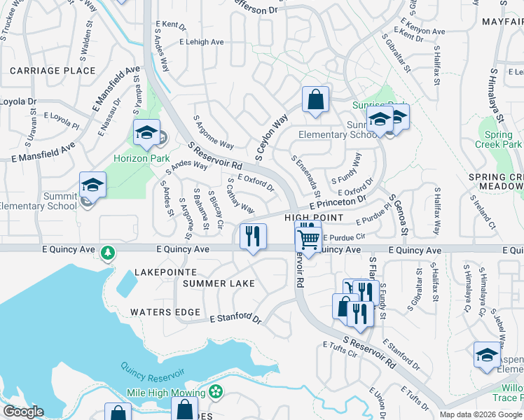 map of restaurants, bars, coffee shops, grocery stores, and more near 4214 South Cathay Way in Aurora