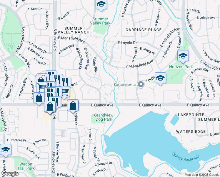 map of restaurants, bars, coffee shops, grocery stores, and more near 4281 South Salida Way in Aurora
