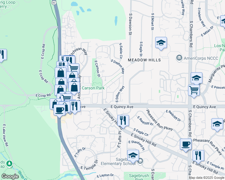 map of restaurants, bars, coffee shops, grocery stores, and more near 4172 South Cimarron Way in Aurora