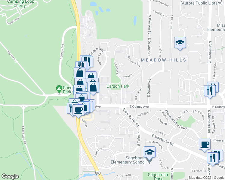 map of restaurants, bars, coffee shops, grocery stores, and more near 14064 East Princeton Place in Aurora