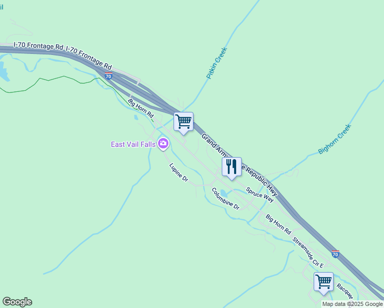 map of restaurants, bars, coffee shops, grocery stores, and more near 3974 Big Horn Road in Vail