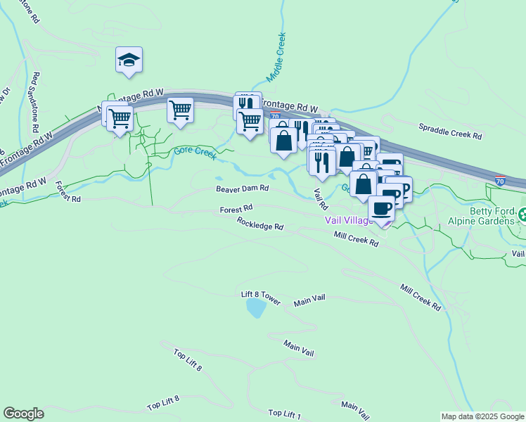 map of restaurants, bars, coffee shops, grocery stores, and more near 186 West Forest Road in Vail
