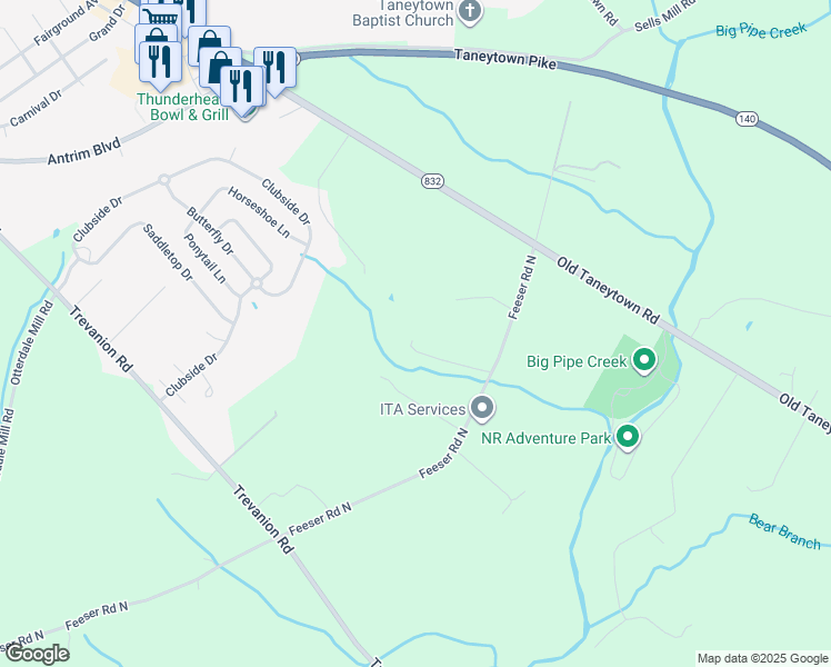 map of restaurants, bars, coffee shops, grocery stores, and more near 2332 Feeser Road North in Taneytown
