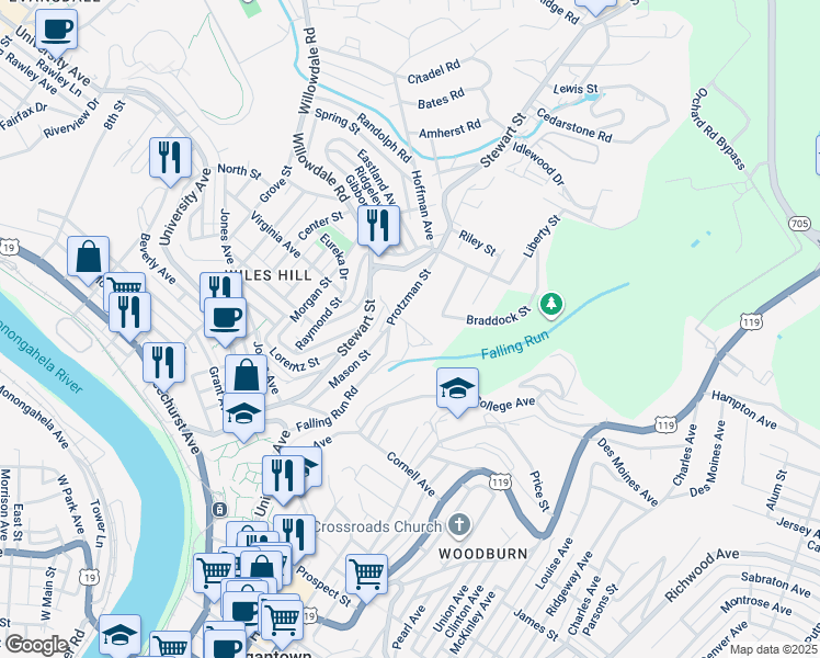 map of restaurants, bars, coffee shops, grocery stores, and more near 11 Glenn Street in Morgantown