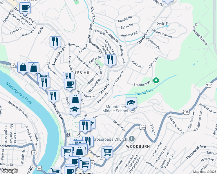 map of restaurants, bars, coffee shops, grocery stores, and more near 438 Stewart Street in Morgantown