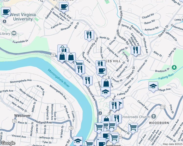 map of restaurants, bars, coffee shops, grocery stores, and more near 306 Grant Avenue in Morgantown