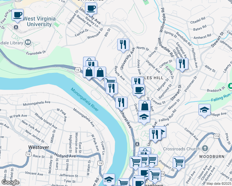 map of restaurants, bars, coffee shops, grocery stores, and more near 404 McLane Avenue in Morgantown