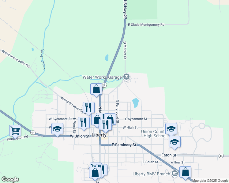 map of restaurants, bars, coffee shops, grocery stores, and more near 411 North Fairground Street in Liberty