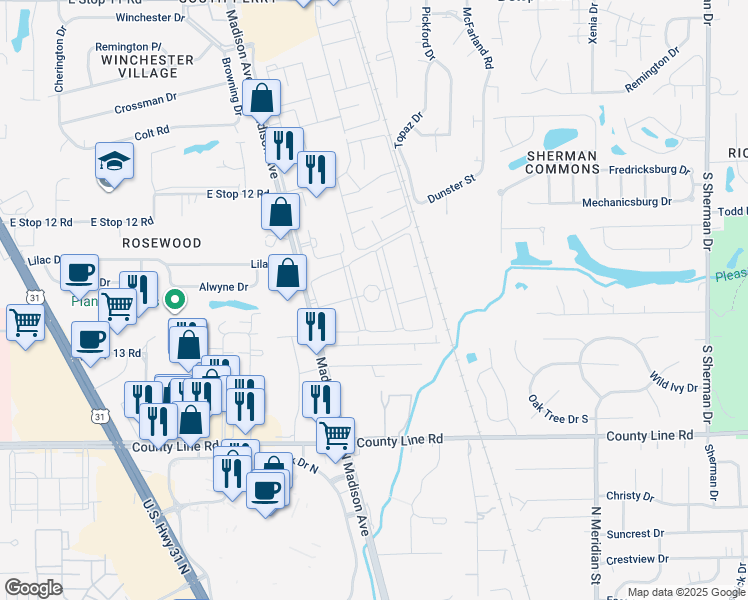 map of restaurants, bars, coffee shops, grocery stores, and more near 8801 Madison Avenue in Indianapolis