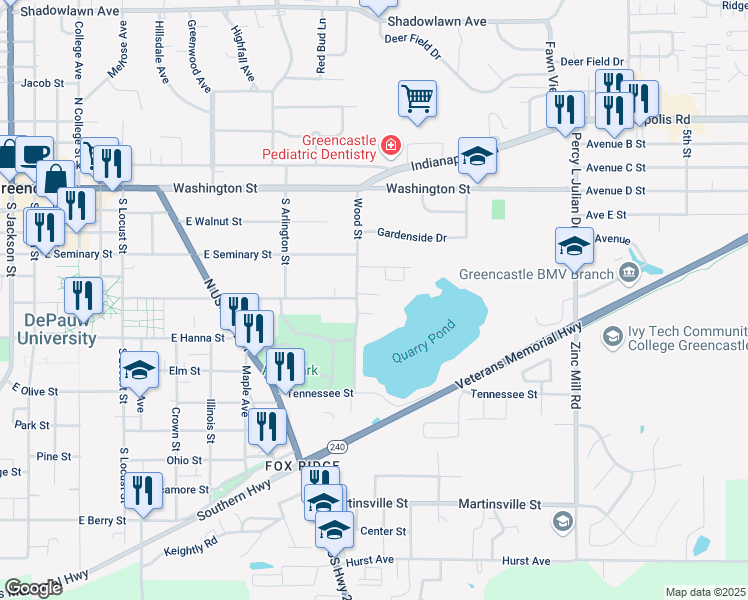 map of restaurants, bars, coffee shops, grocery stores, and more near 211 Wood Street in Greencastle