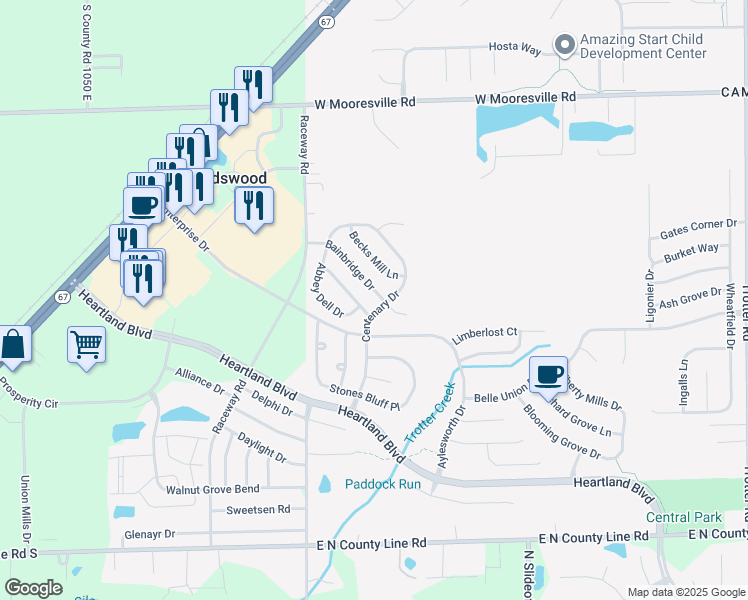 map of restaurants, bars, coffee shops, grocery stores, and more near 9141 Bainbridge Drive in Indianapolis
