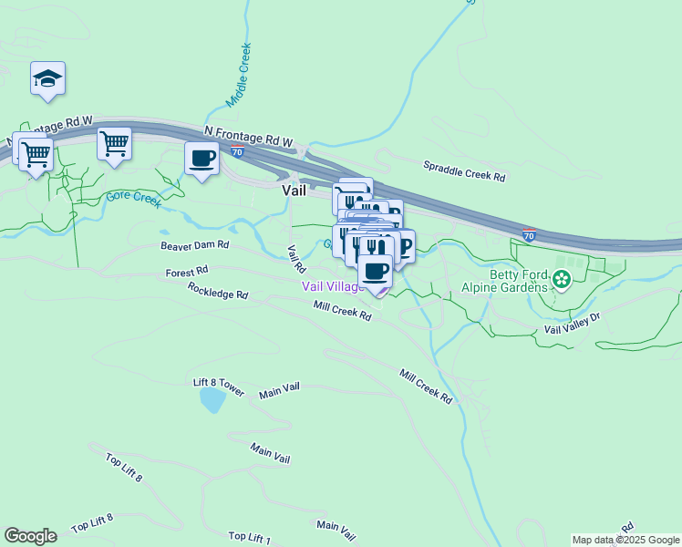 map of restaurants, bars, coffee shops, grocery stores, and more near 133 Willow Bridge Road in Vail