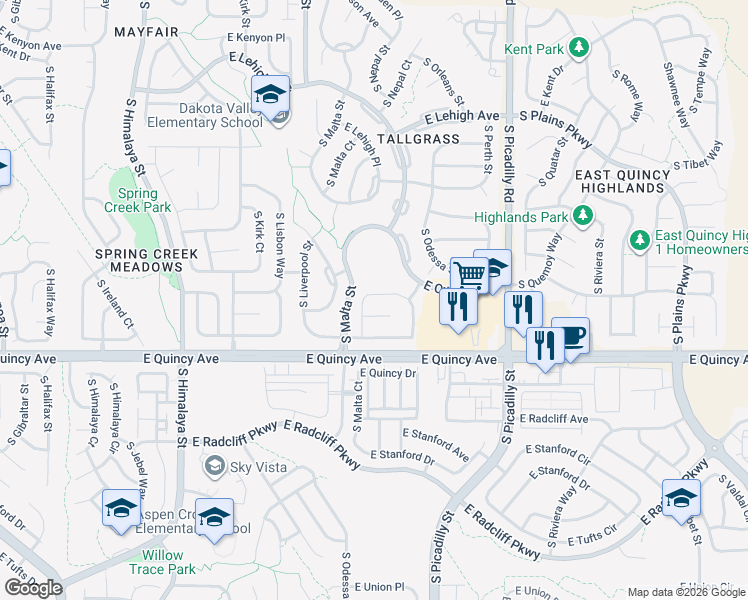 map of restaurants, bars, coffee shops, grocery stores, and more near 4114 South Nepal Circle in Aurora