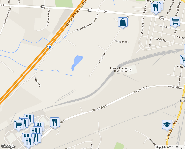 map of restaurants, bars, coffee shops, grocery stores, and more near 140 Hump Road in Hagerstown
