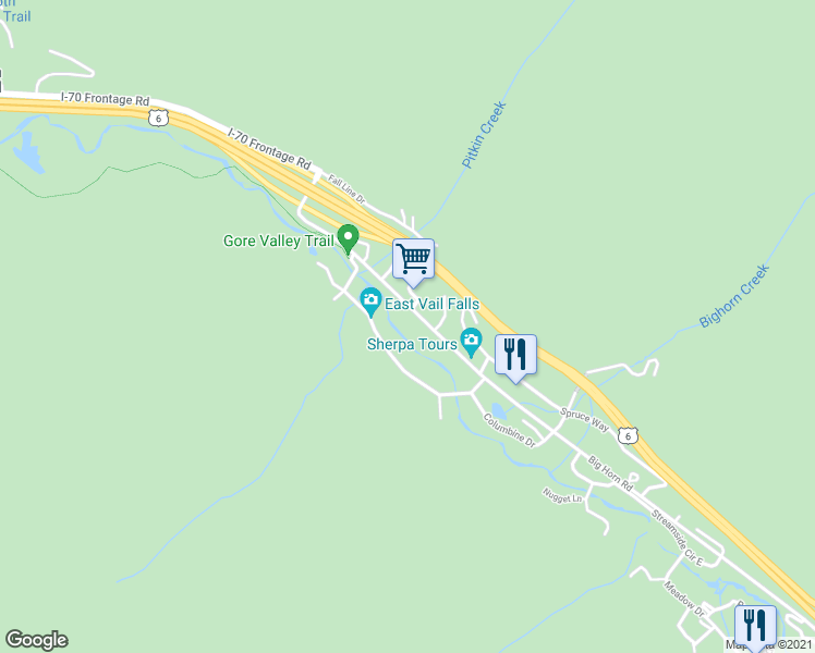 map of restaurants, bars, coffee shops, grocery stores, and more near 3974 Big Horn Road in Vail