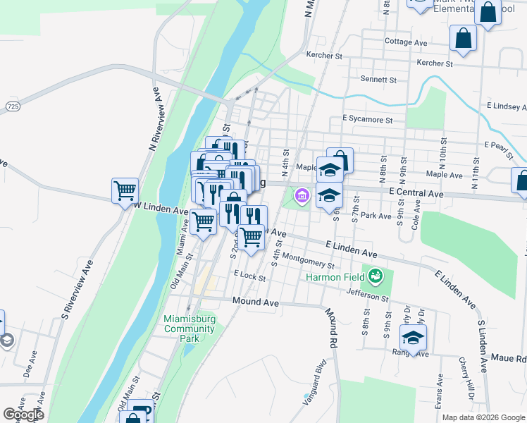 map of restaurants, bars, coffee shops, grocery stores, and more near 110 South 3rd Street in Miamisburg