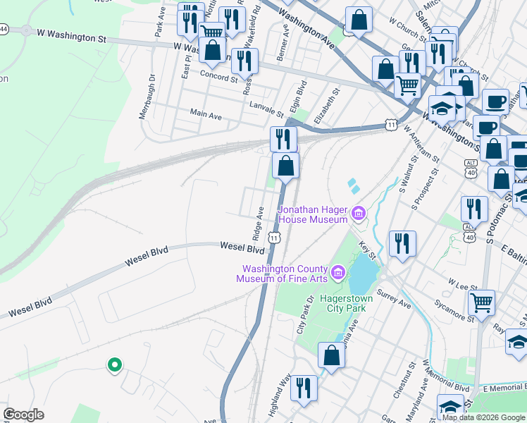 map of restaurants, bars, coffee shops, grocery stores, and more near 436 Ridge Avenue in Hagerstown