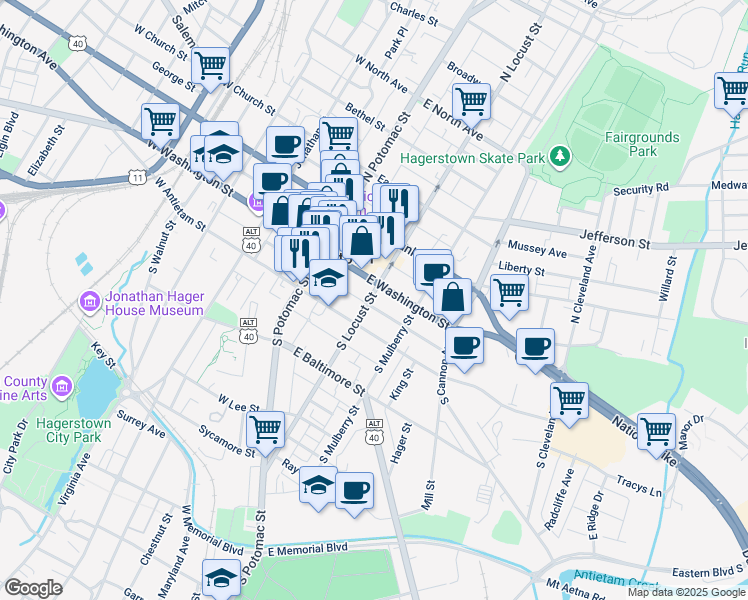 map of restaurants, bars, coffee shops, grocery stores, and more near 18 South Locust Street in Hagerstown