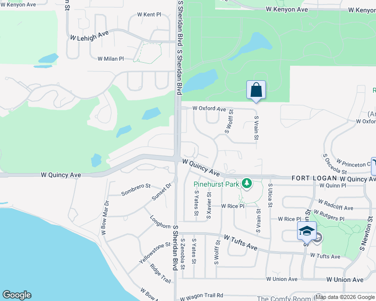 map of restaurants, bars, coffee shops, grocery stores, and more near 5195 West Quincy Avenue in Denver