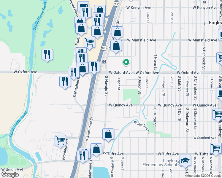 map of restaurants, bars, coffee shops, grocery stores, and more near 4150 South Navajo Street in Englewood