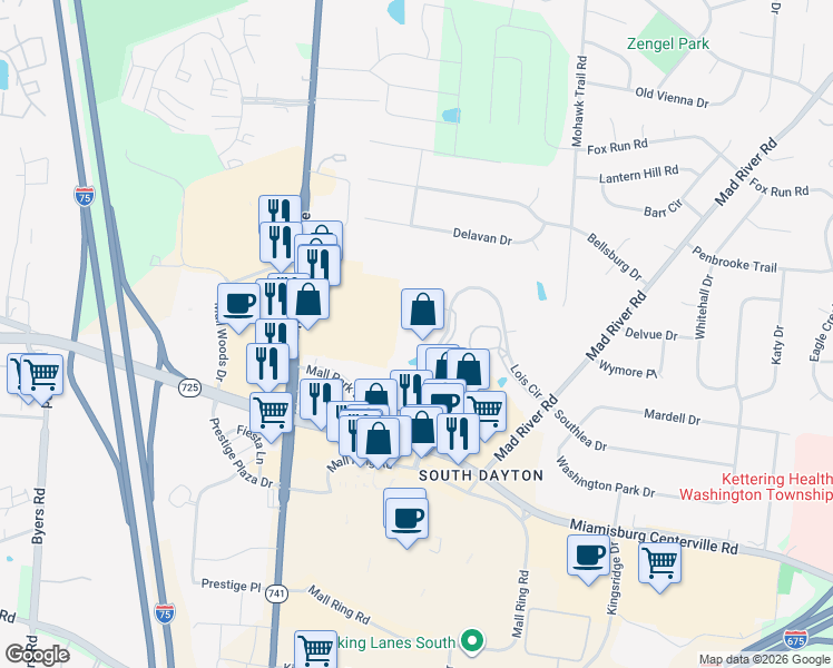 map of restaurants, bars, coffee shops, grocery stores, and more near 7847 Lois Circle in Dayton