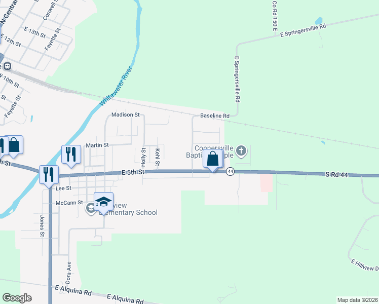 map of restaurants, bars, coffee shops, grocery stores, and more near 135 Fiant Street in Connersville