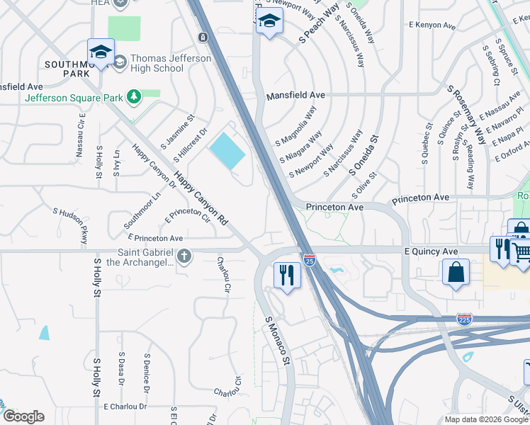 map of restaurants, bars, coffee shops, grocery stores, and more near 6495 East Happy Canyon Road in Denver