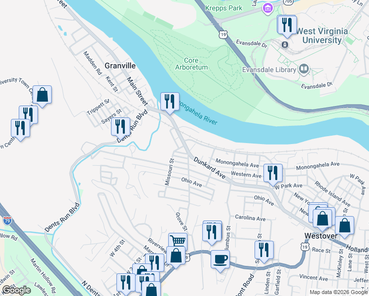 map of restaurants, bars, coffee shops, grocery stores, and more near 461 Dunkard Avenue in Westover