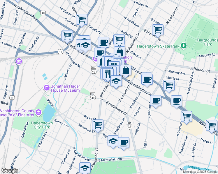map of restaurants, bars, coffee shops, grocery stores, and more near 100 South Potomac Street in Hagerstown