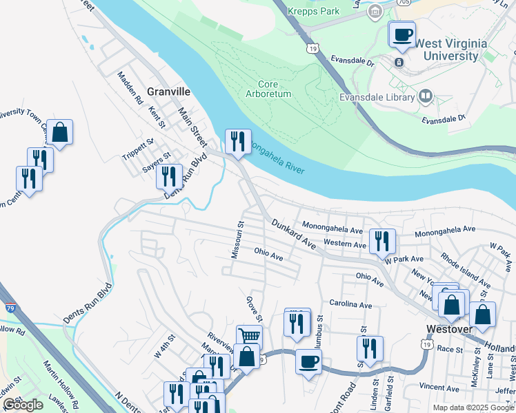 map of restaurants, bars, coffee shops, grocery stores, and more near 461 Dunkard Avenue in Morgantown