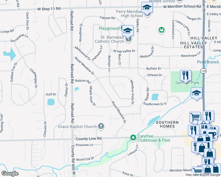 map of restaurants, bars, coffee shops, grocery stores, and more near 8612 Bishops Lane in Indianapolis