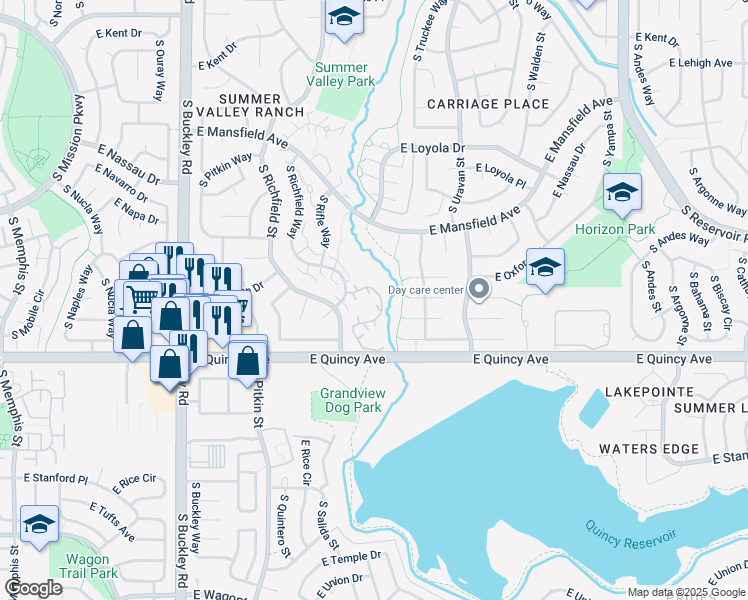 map of restaurants, bars, coffee shops, grocery stores, and more near 4281 South Salida Way in Aurora